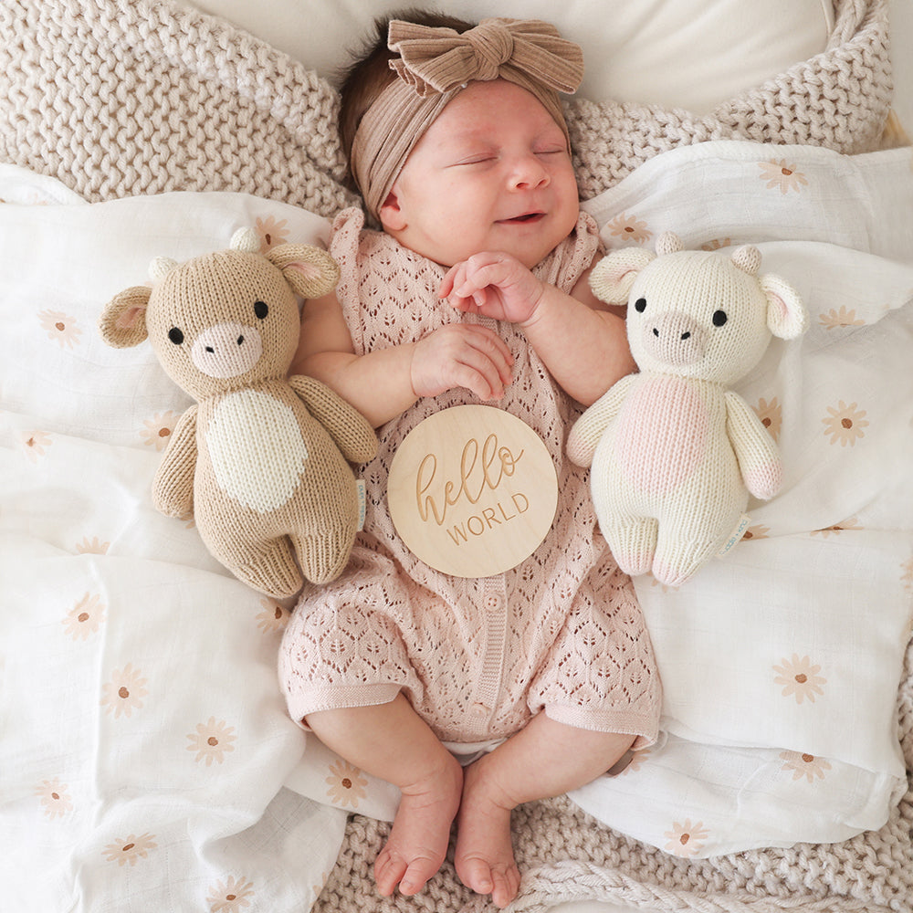 Newborn baby sleeps next to Cuddle and Kind Baby Cow - Jersey