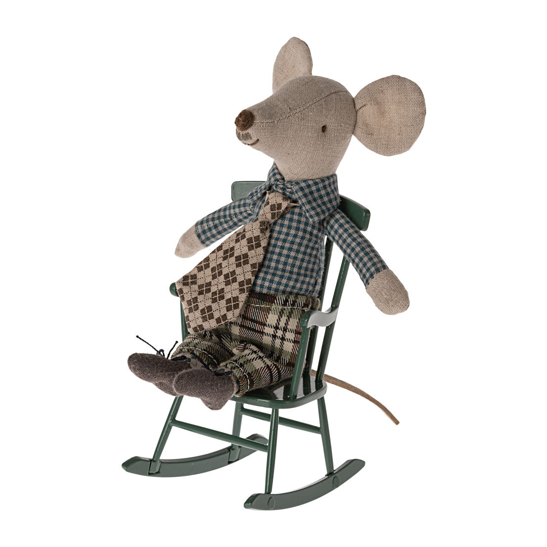 Mouse sits in Maileg Mouse Rocking Chair - Dark Green