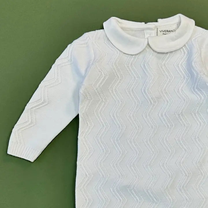 Viverano Organics Organic Knit Peter Pan Chevron Baby Jumpsuit - Dove White