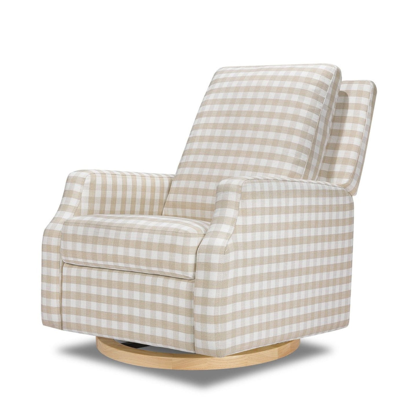 Namesake Crewe Recliner and Swivel Glider - Tan Gingham with Light Wood Base