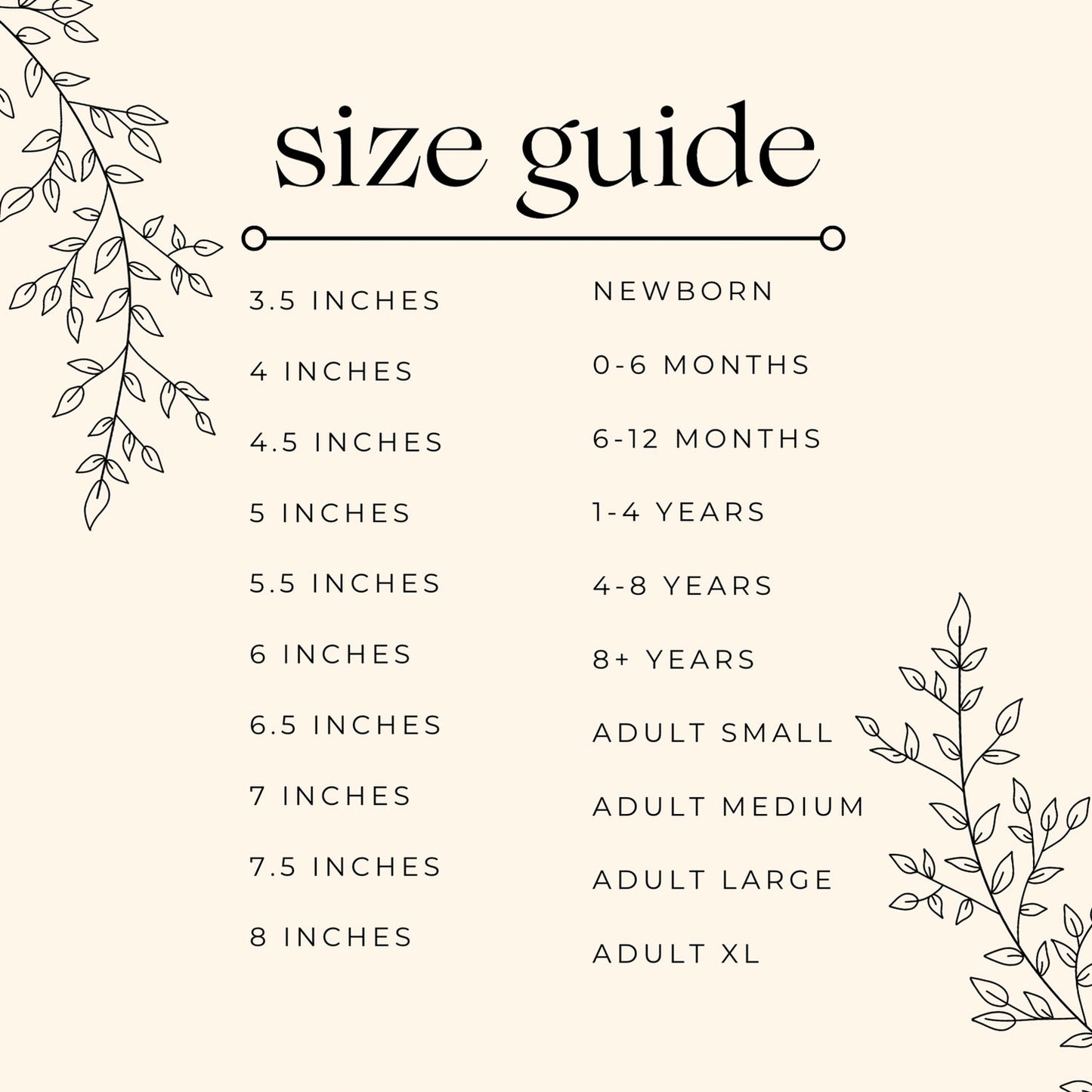 Size chart for Joyful Bead Company