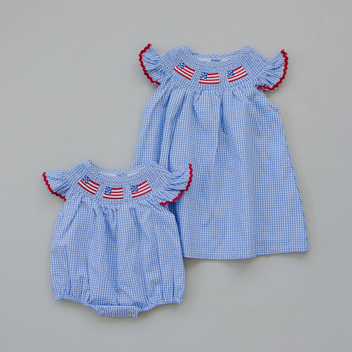 Mebie Baby Flag Gingham Smocked Bubble Romper