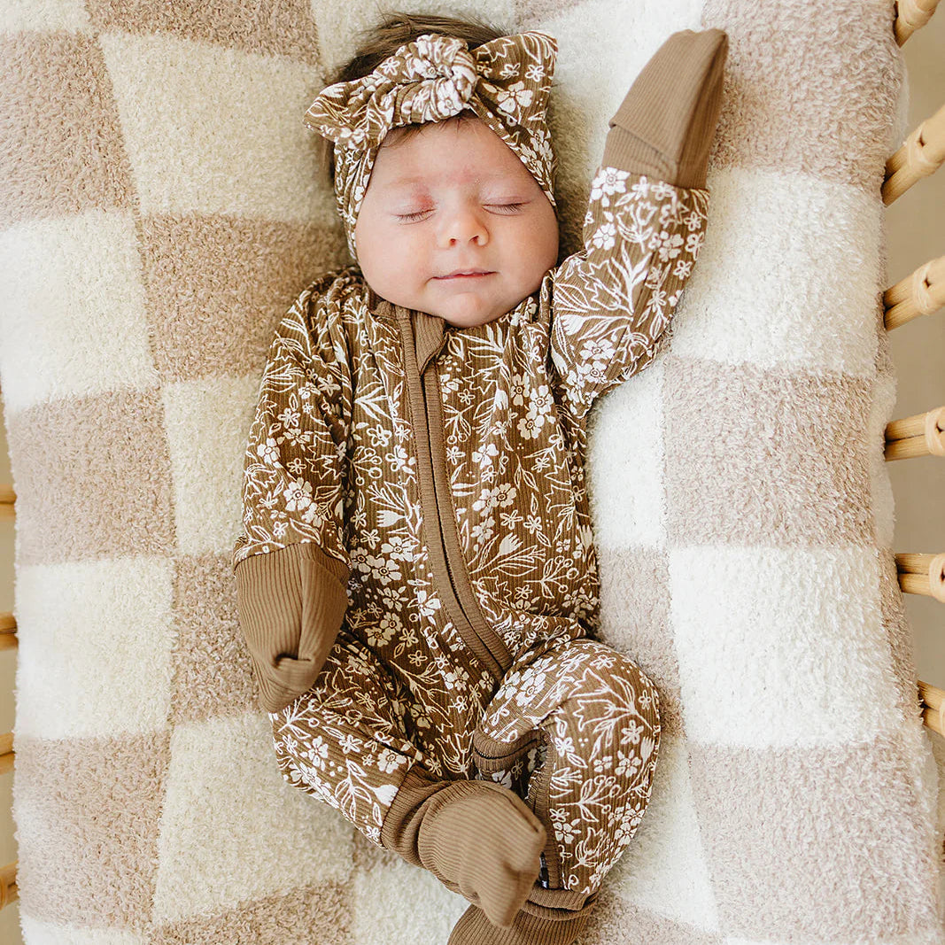 Mebie Baby Ribbed Bamboo Zipper Pajama - Brown Floral