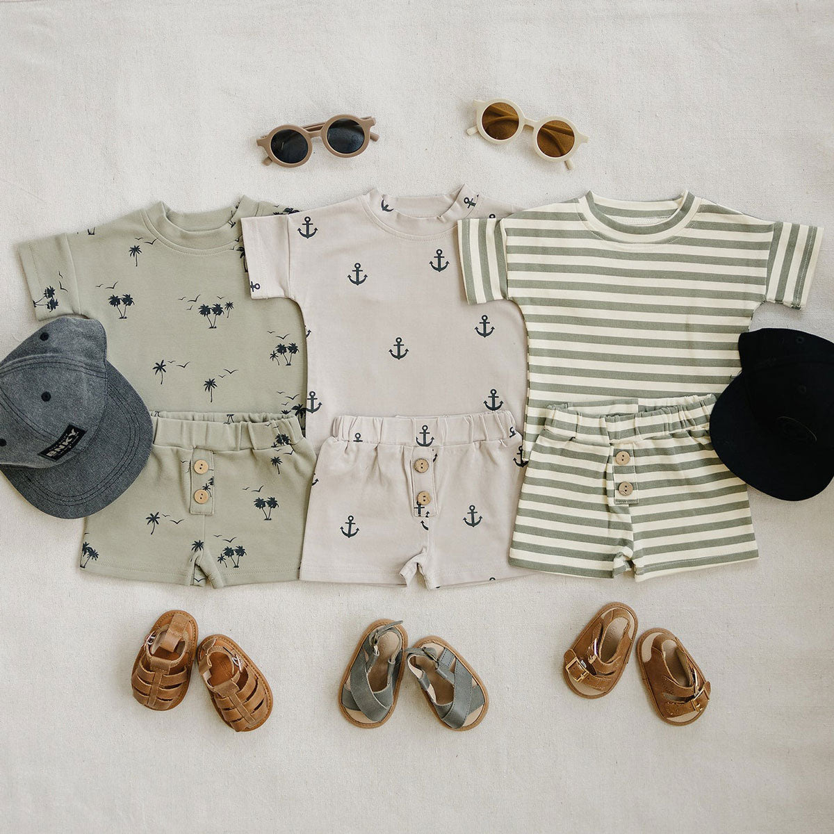 Mebie Baby Sage Stripe Button Short Set and Mebie Baby Palm Tree Button Short Set