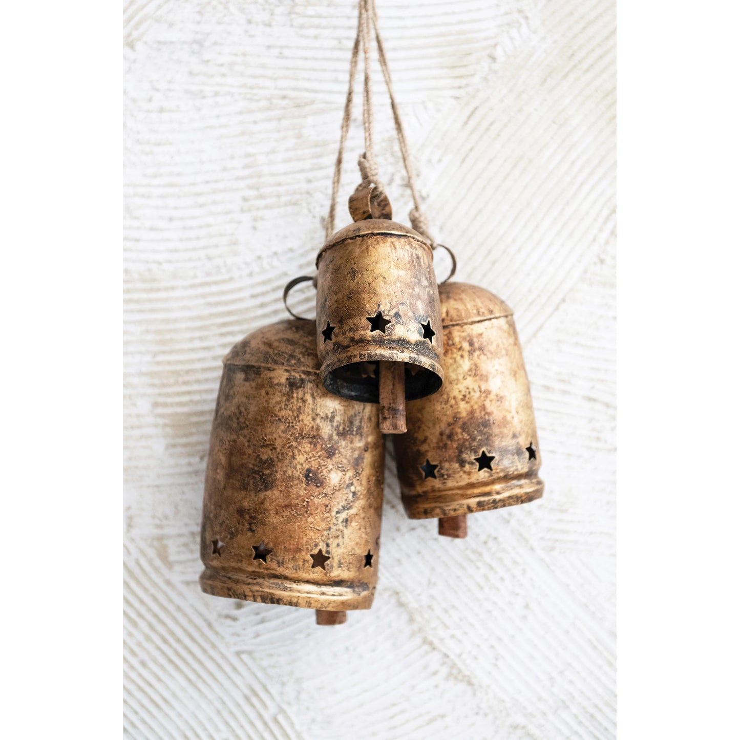 Creative Co-op Metal Bell on Jute Rope with Star Cut-Outs - Heavily Distressed Antique Gold Finish