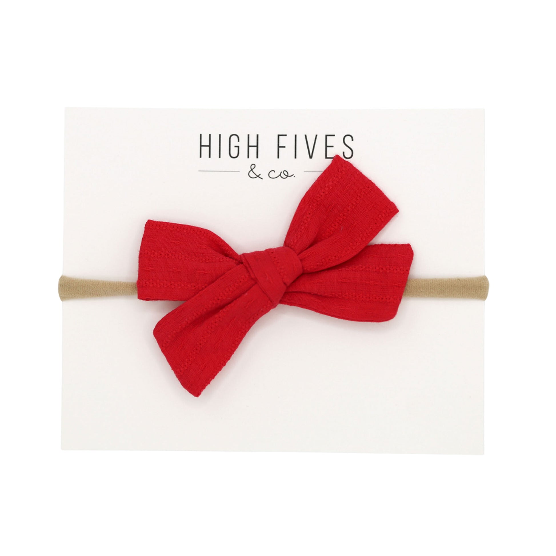 High Fives Patterened Linen Bow Nylon Headband - Red