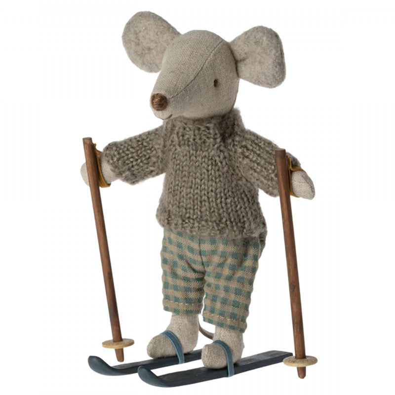 Maileg Big Brother Winter Mouse with Ski Set - Grey and Blue