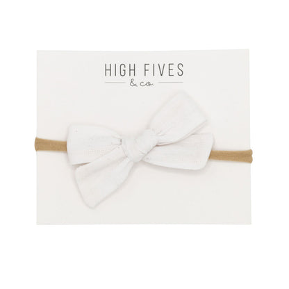 High Fives Patterened Linen Bow Nylon Headband - White