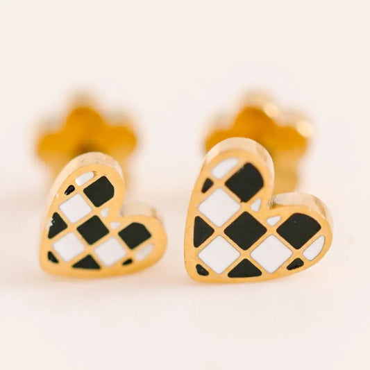 Pierced Co Tiny Black/White Checkered Heart Earrings
