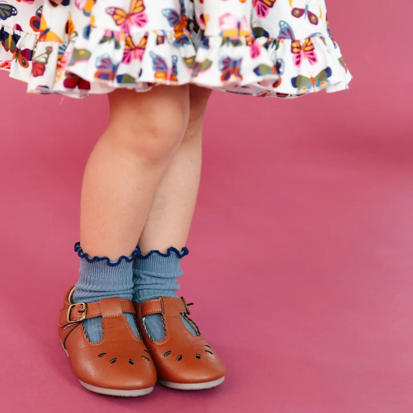 Little Stocking Co Ribbed Lettuce Trim Midi Socks - Denim/Navy