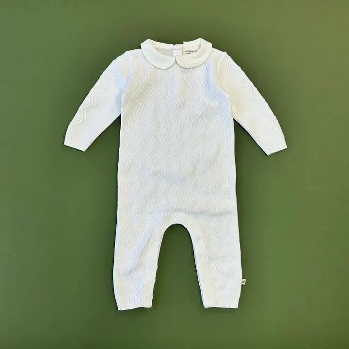 Viverano Organics Organic Knit Peter Pan Chevron Baby Jumpsuit - Dove White