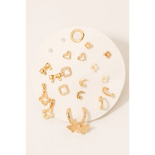 Fame Assorted Mini Bow Clover and Pearl Stud Earrings Set