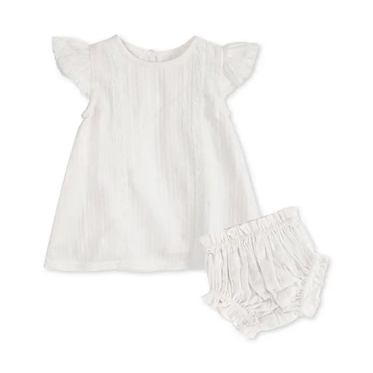 Viverano Organics Noelle Dobby Organic A Line Baby Dress + Bloomer - White