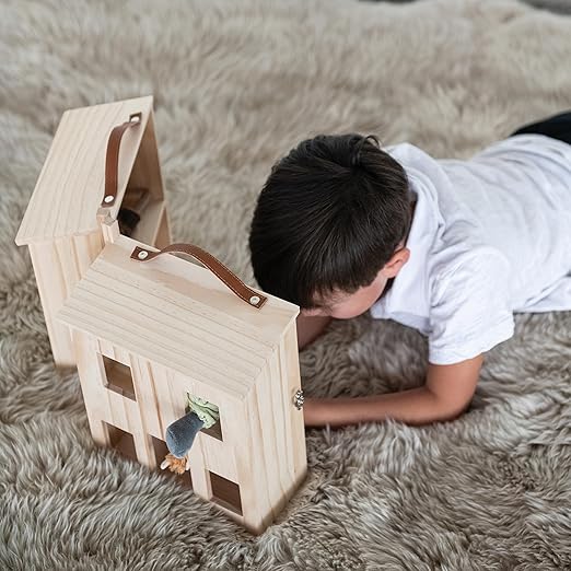 Creative Co-op Wood Folding Doll House with Faux Leather Handle & Metal Latch