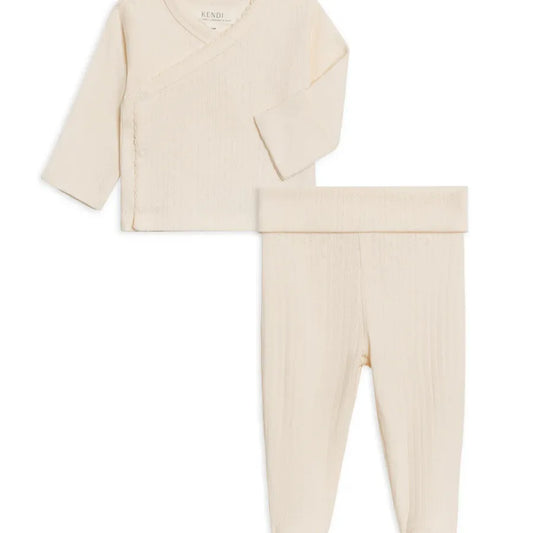 Colored Organics Lacey Pointelle Kimono Top & Pant Set - Ivory