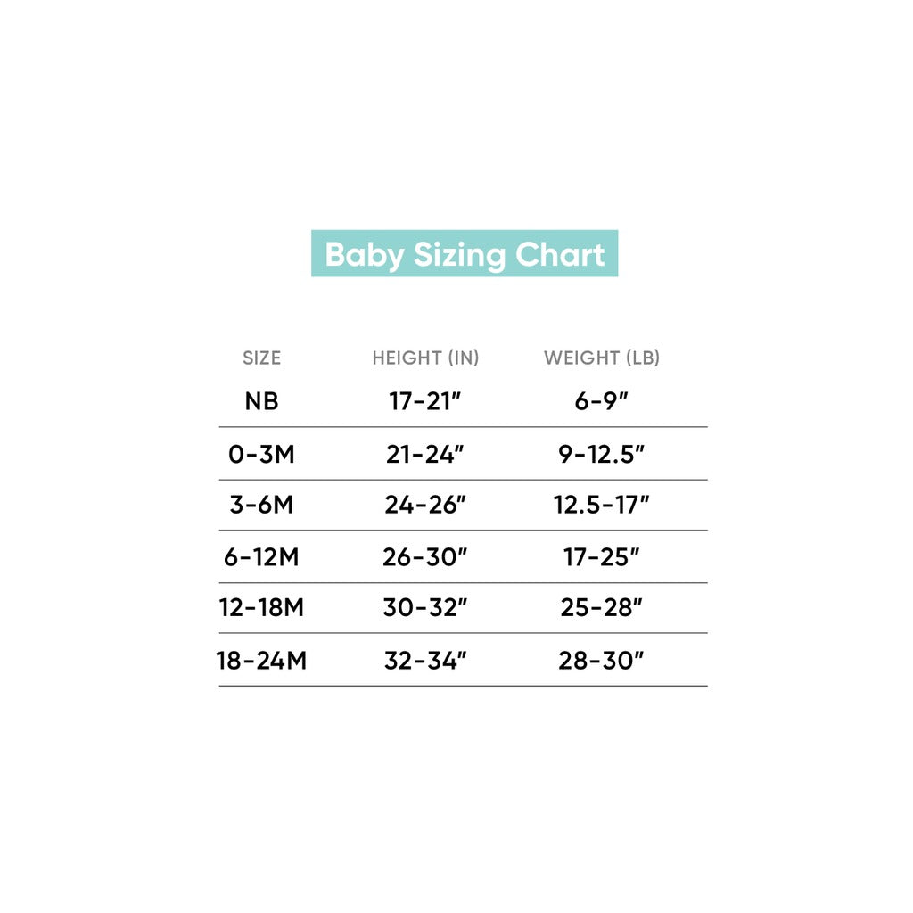 Sizing chart for Copper Pearl Zip-up Footie - Eden