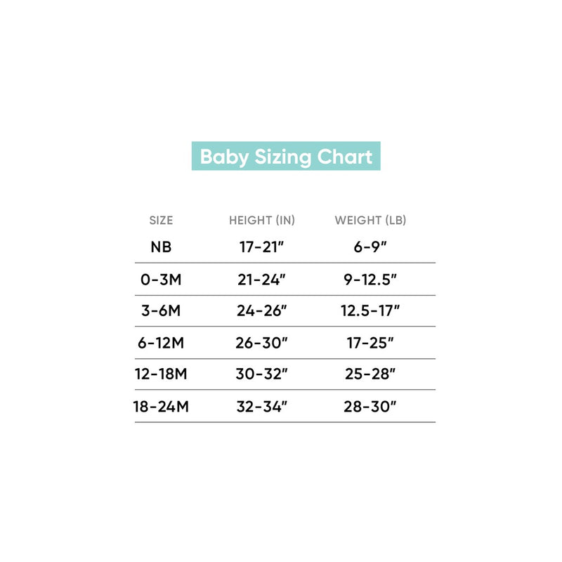Sizing chart for Copper Pearl Zip-up Footie - Blitz
