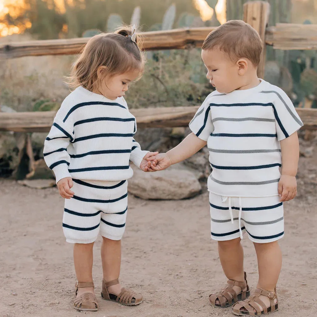 Mebie Baby Sage + Navy Stripe Knit Short Set