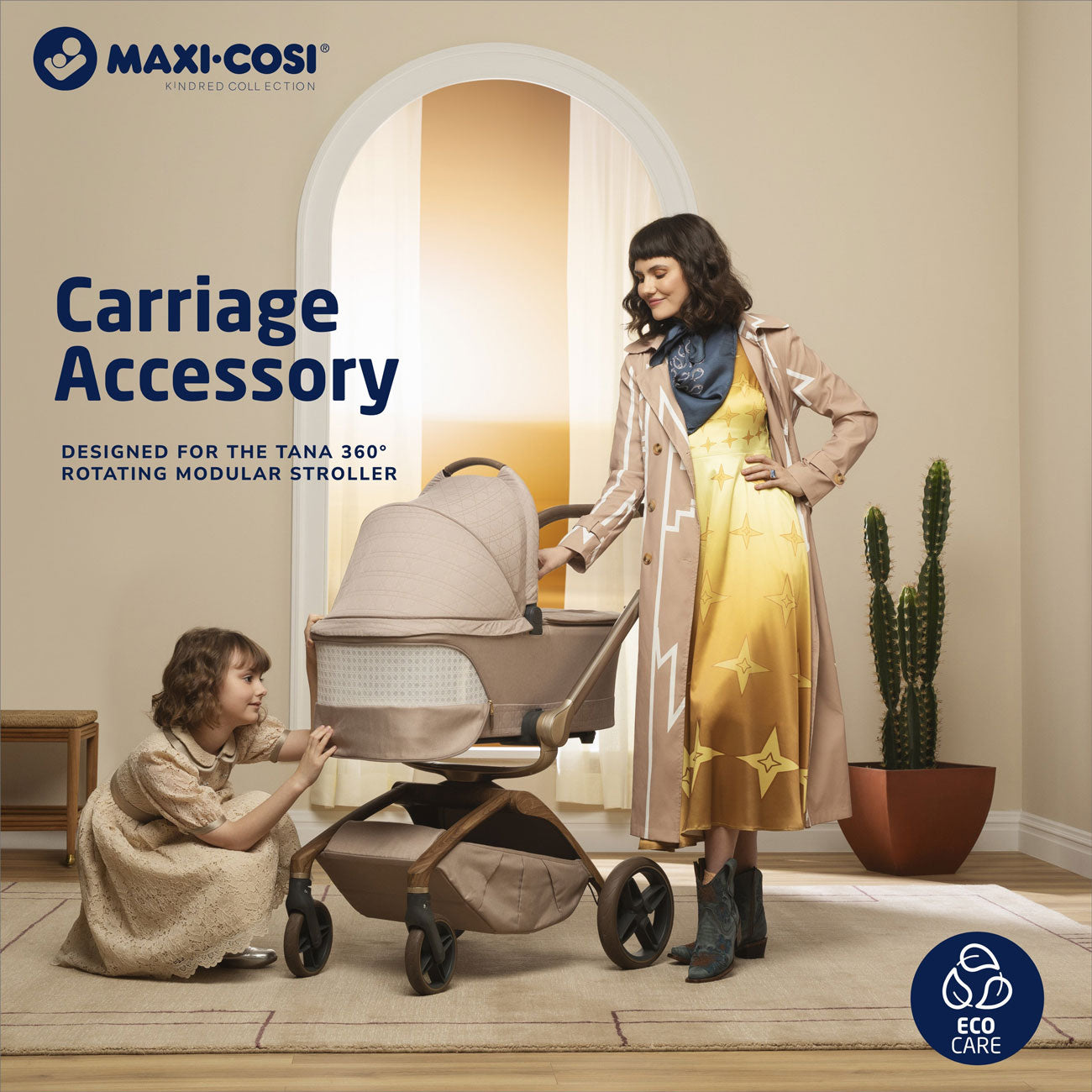 Mom stands next to stroller while child peeks in at baby lying in Maxi-Cosi Carriage Accessory - Natural Heritage