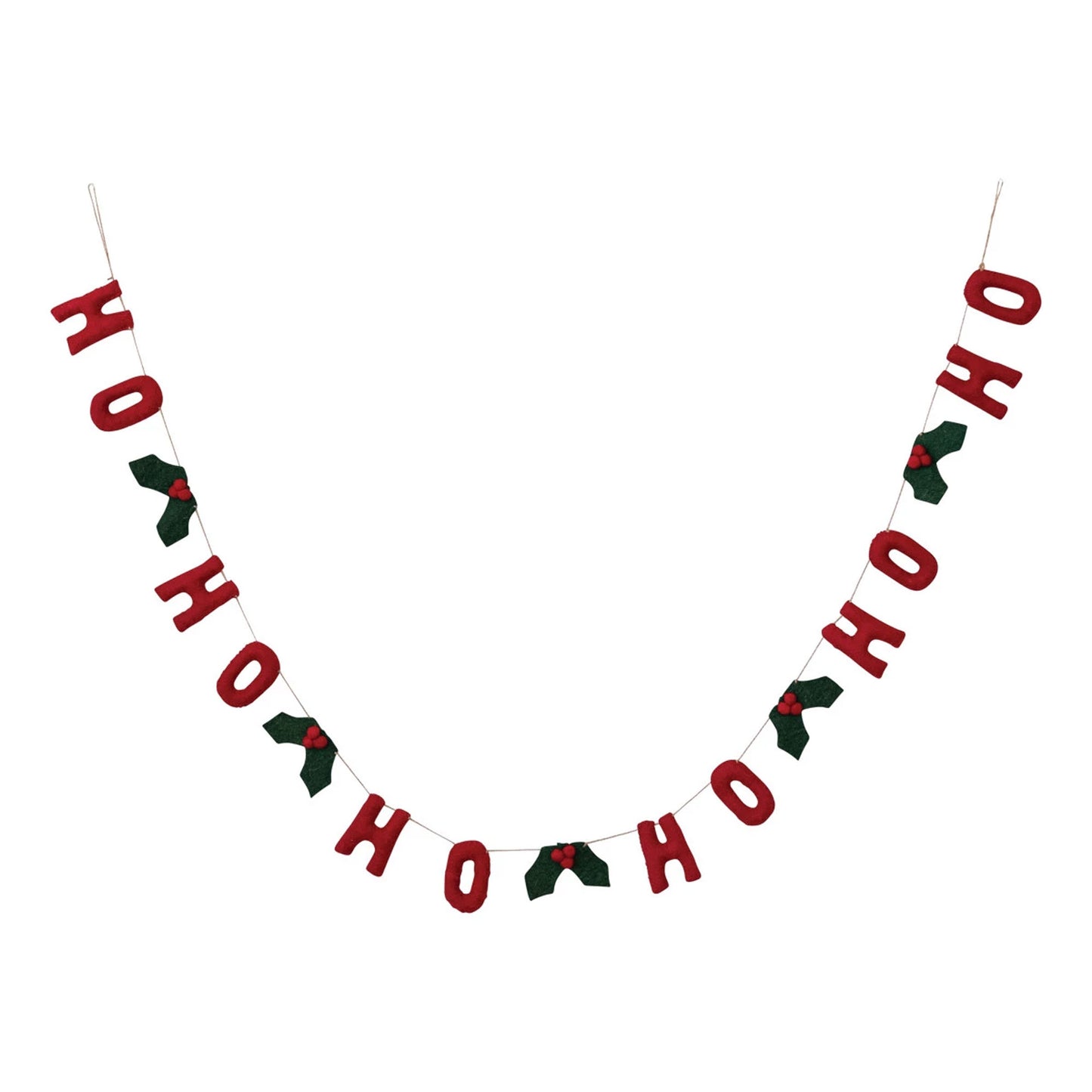 Creative Co-op Wool Felt Words Garland Banner - Ho Ho Ho - Holly Leaves and Berries - 72"
