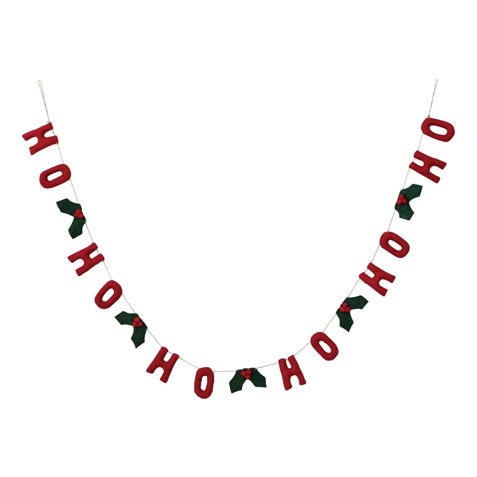 Creative Co-op Wool Felt Words Garland Banner - Ho Ho Ho - Holly Leaves and Berries - 72"