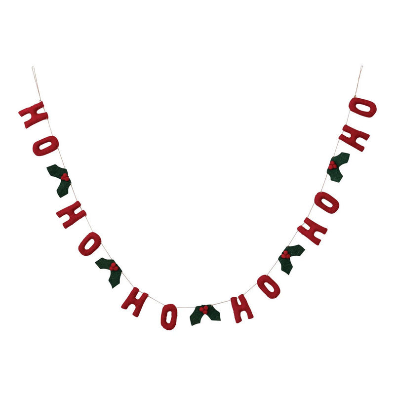 Creative Co-op Wool Felt Words Garland Banner - Ho Ho Ho - Holly Leaves and Berries - 72"