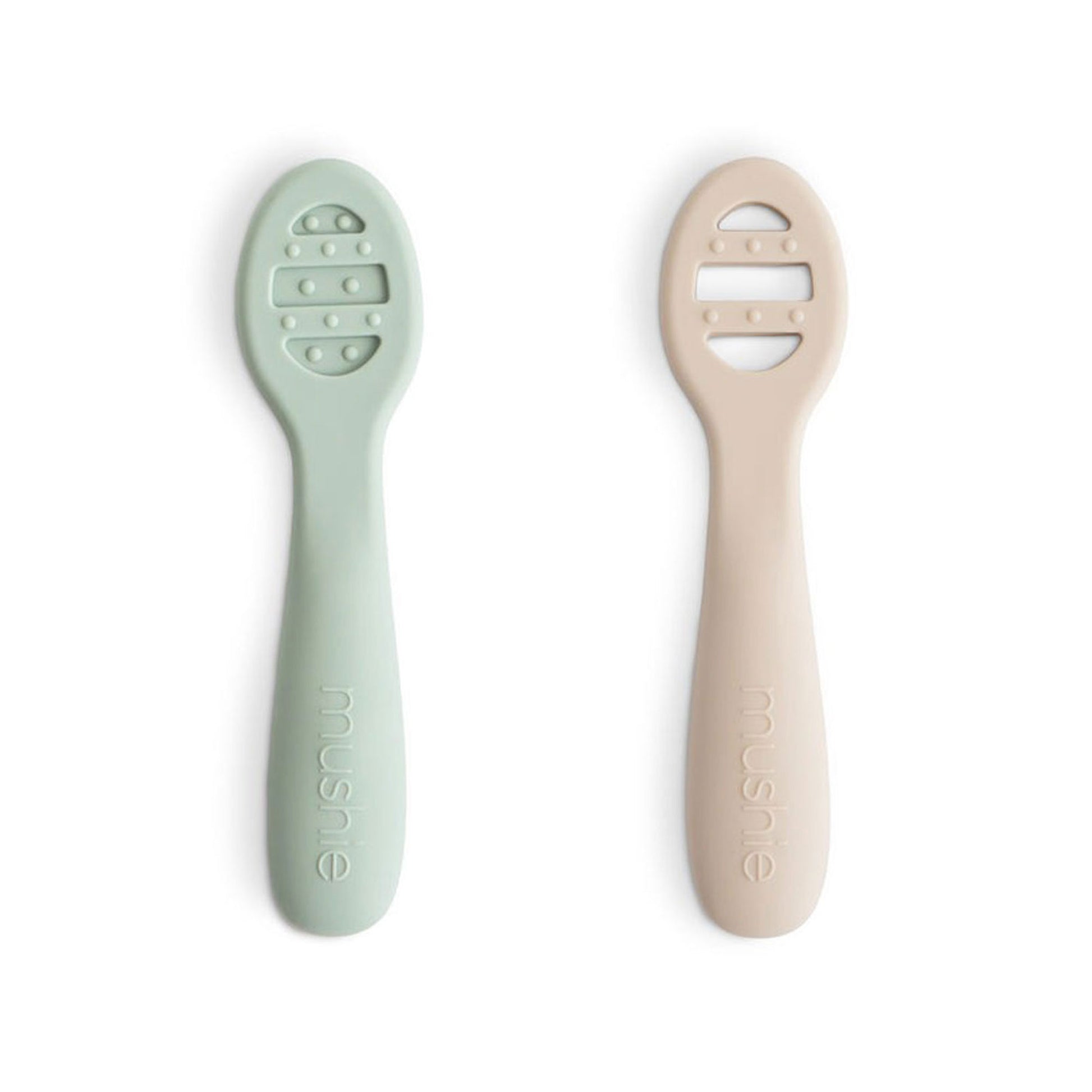 Mushie First Feeding Baby Spoons 2-Pack - Cambridge Blue / Shifting Sand