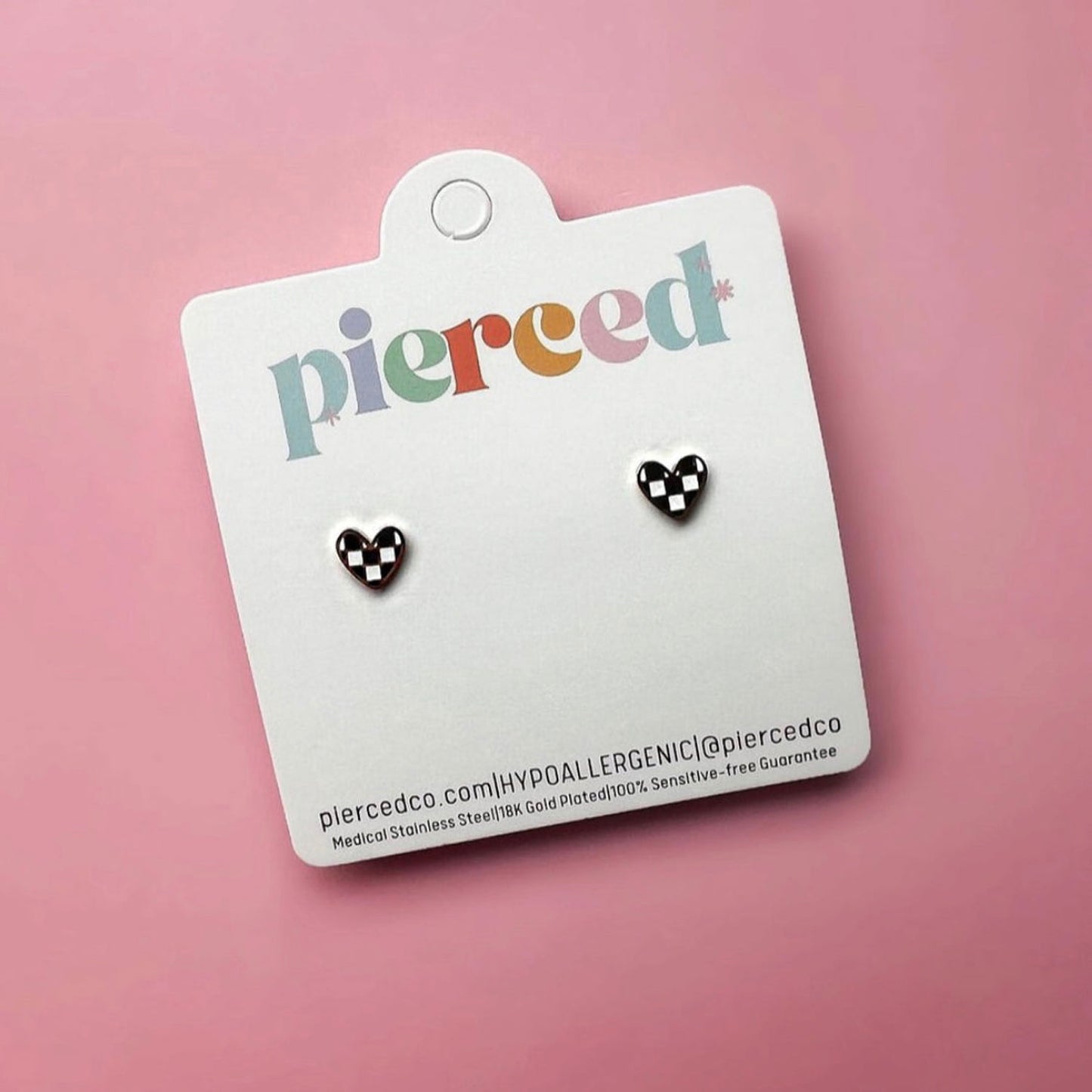 Pierced Co Heart Screw-Back Child Earrings - Checkered - Black / White
