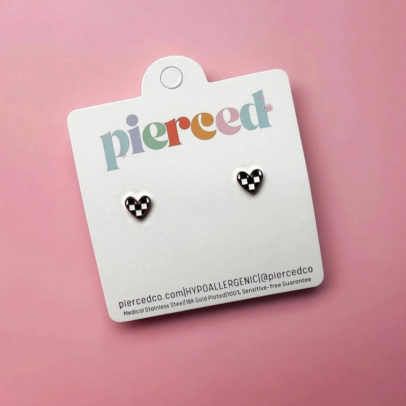 Pierced Co Heart Screw-Back Child Earrings - Checkered - Black / White