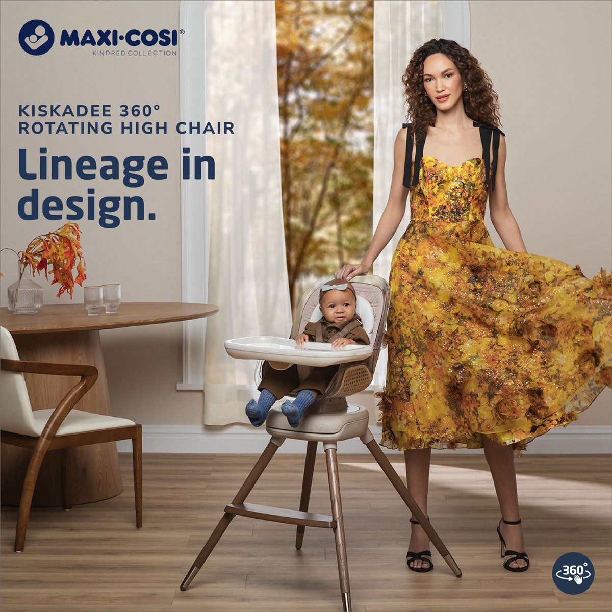 Mom stands next to baby girl sitting in Maxi-Cosi Kiskadee 360 Rotating Highchair - Natural Heritage