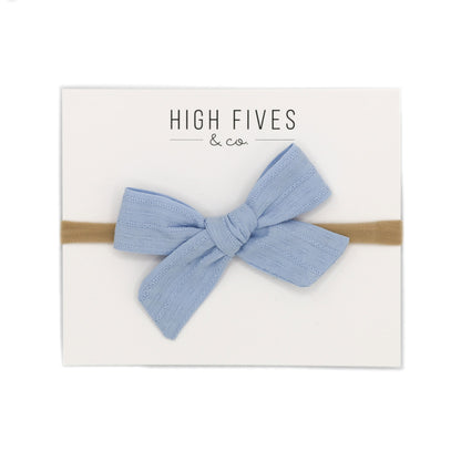 High Fives Patterened Linen Bow Nylon Headband - Alice Blue