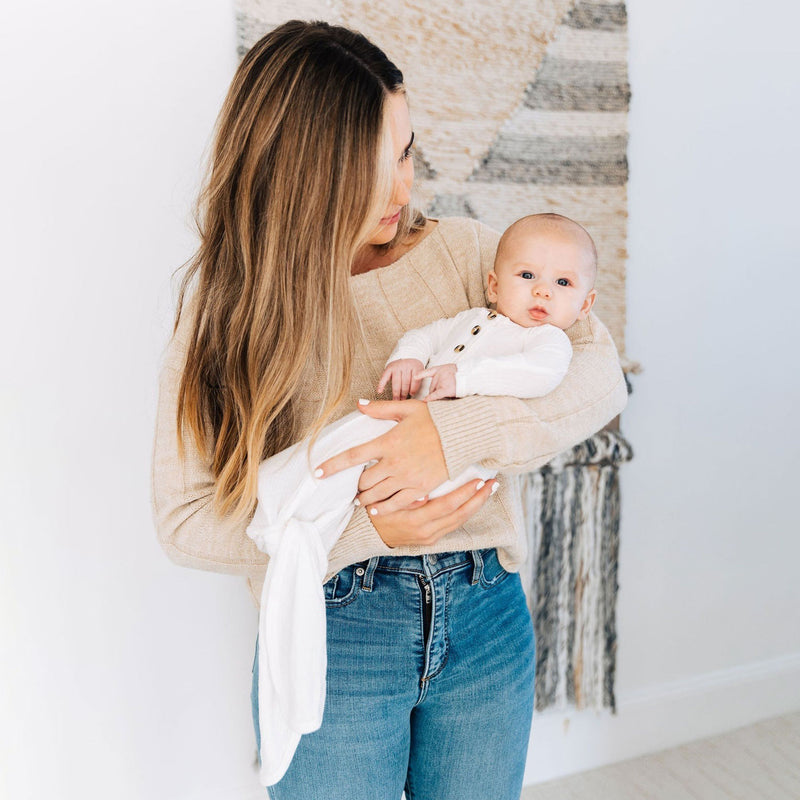 Mom holding baby wearing Lou Lou and Company Ribbed Knotted Gown - Wren
