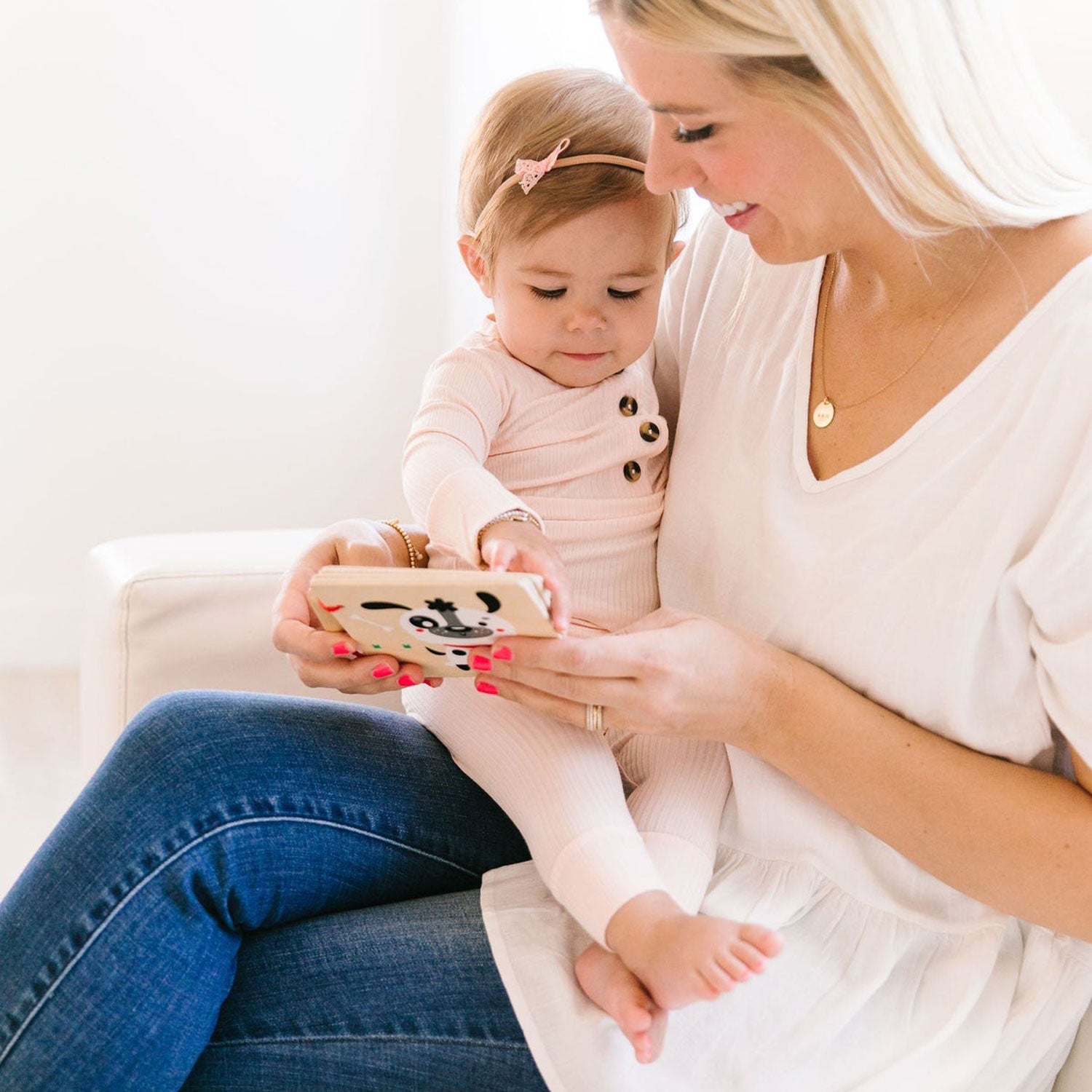 Mom holds toddler wearing Lou Lou and Company Ribbed Top and Bottoms - Rosie