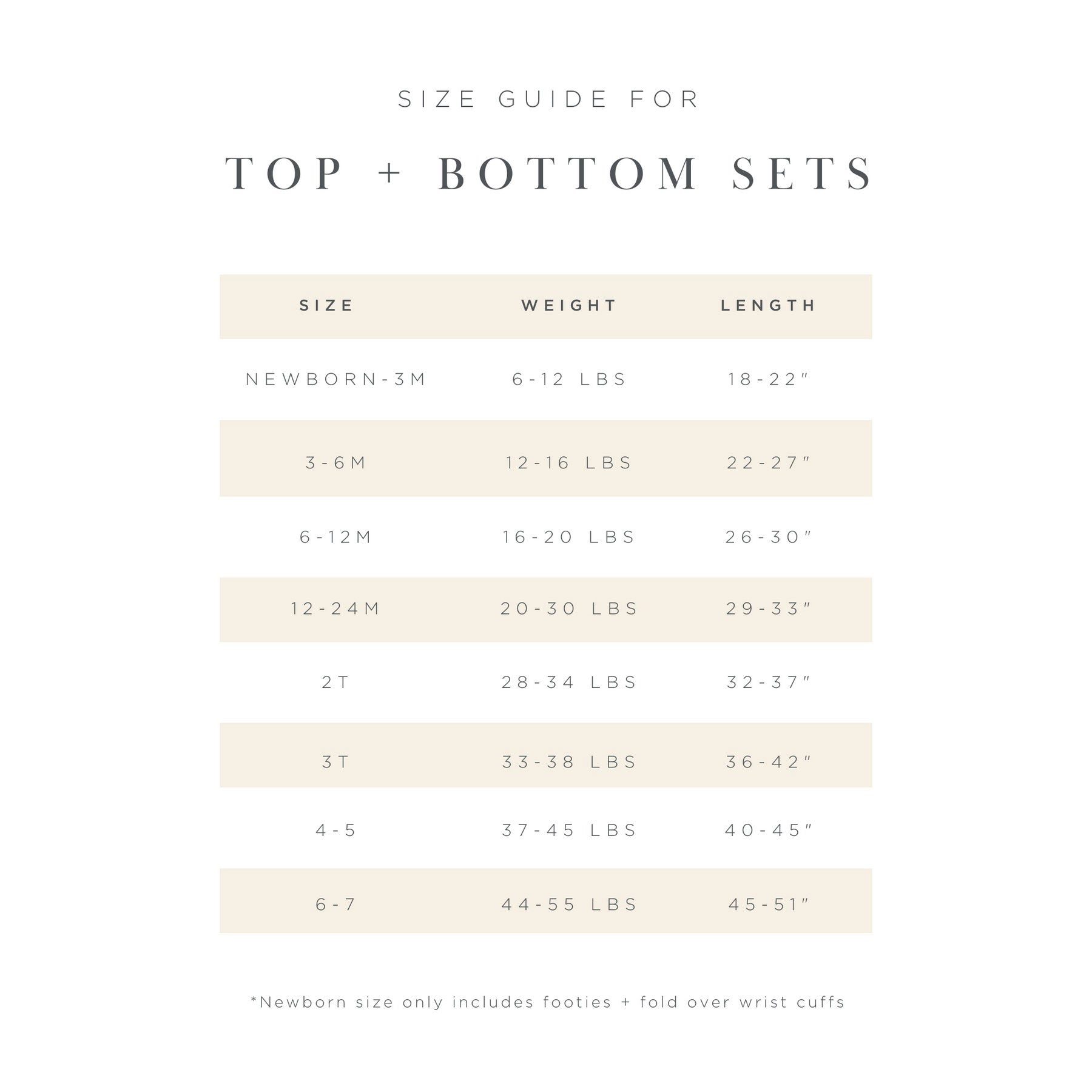 Size guide for Lou Lou and Company Ribbed Top and Bottoms - Quinn