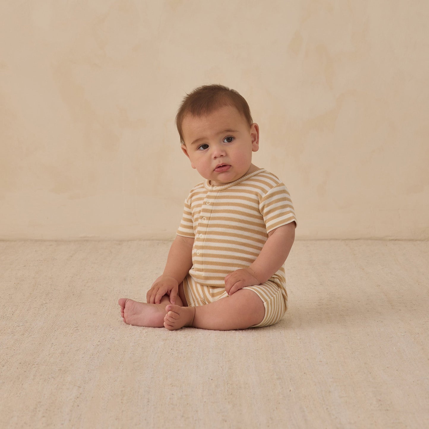 Quincy Mae Waffle Snap Romper - Butterscotch Stripe