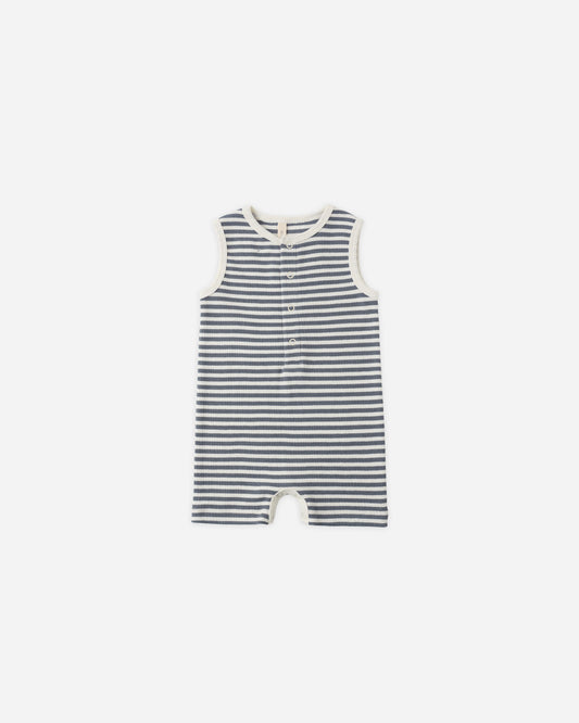 Quincy Mae Ribbed Henley Romper - Ocean Stripe