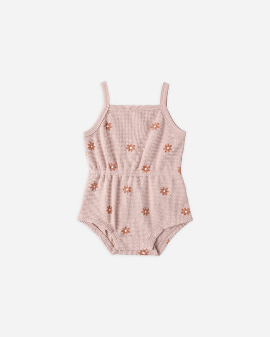 Quincy Mae Waffle Cinch Romper - Pink Daisy