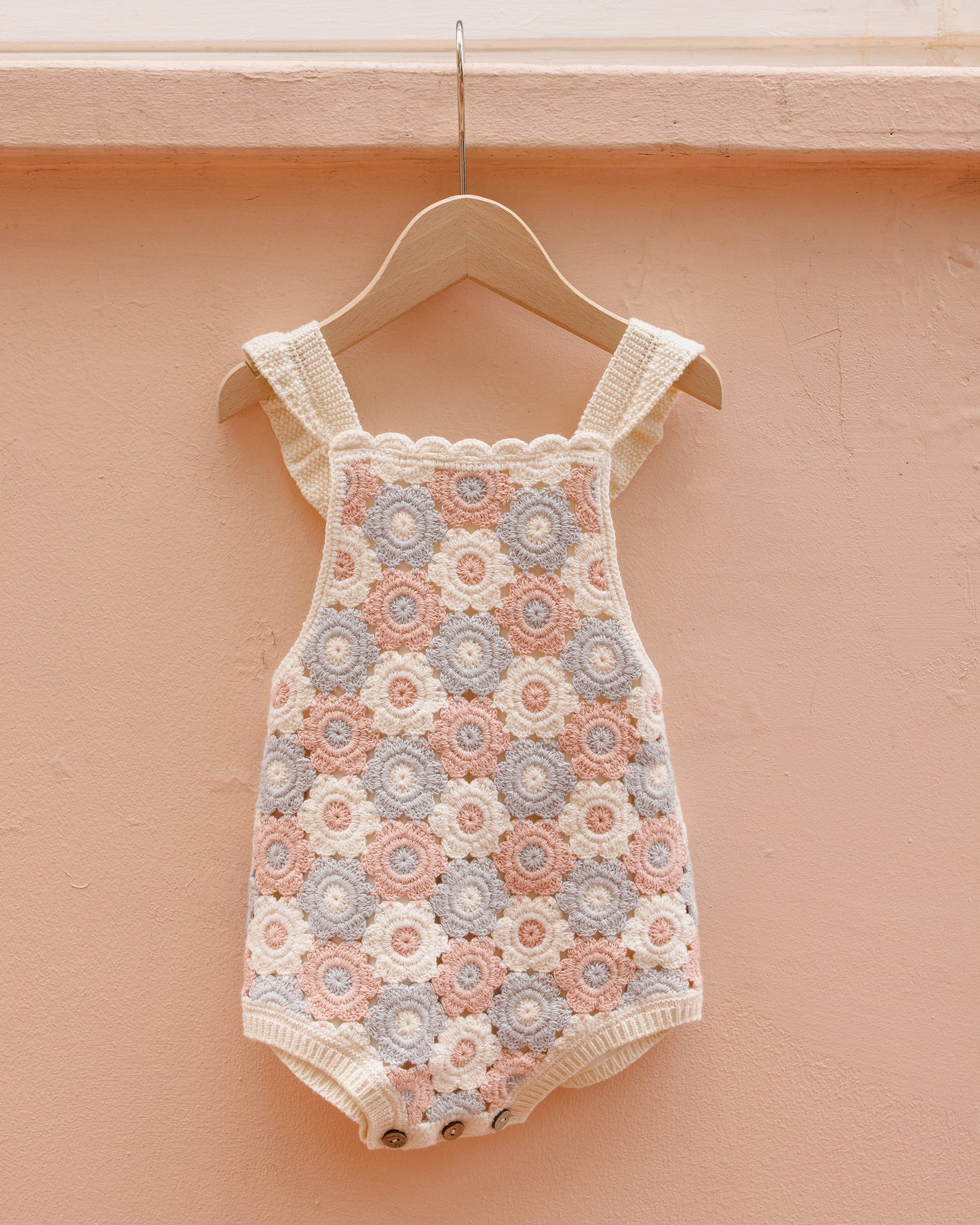 Rylee and Cru Crochet Romper - Blue / Light Pink / Ivory
