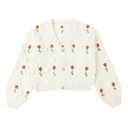 Rylee and Cru Boxy Crop Cardigan - Winter Daisy Embroidery