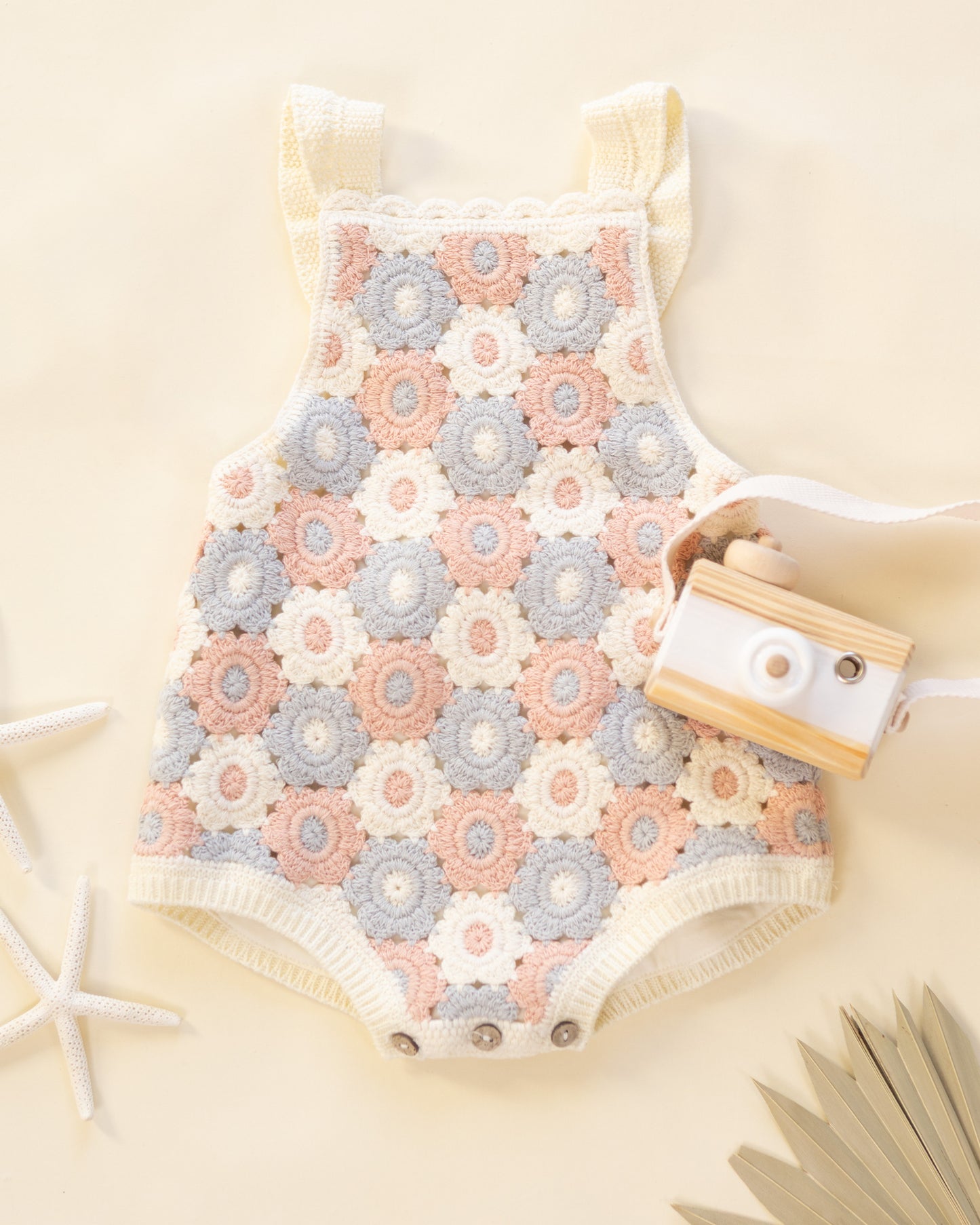Rylee and Cru Crochet Romper - Blue / Light Pink / Ivory