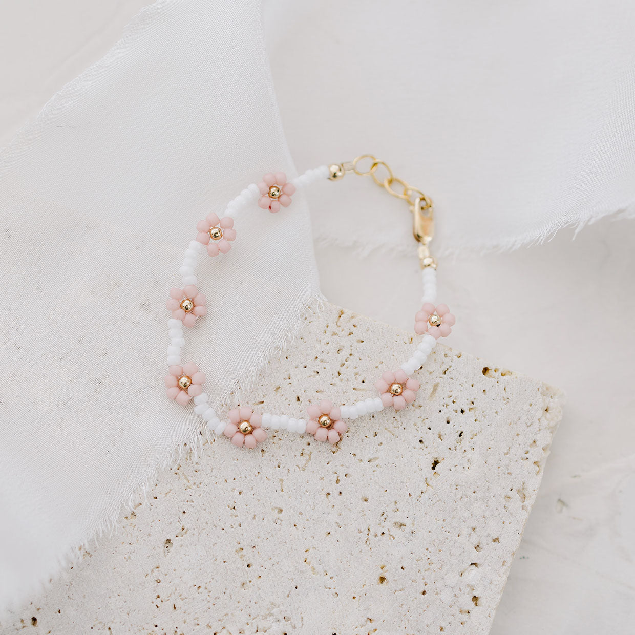 Joyful Bead Company Petal Pink Flower Bracelet - Gold