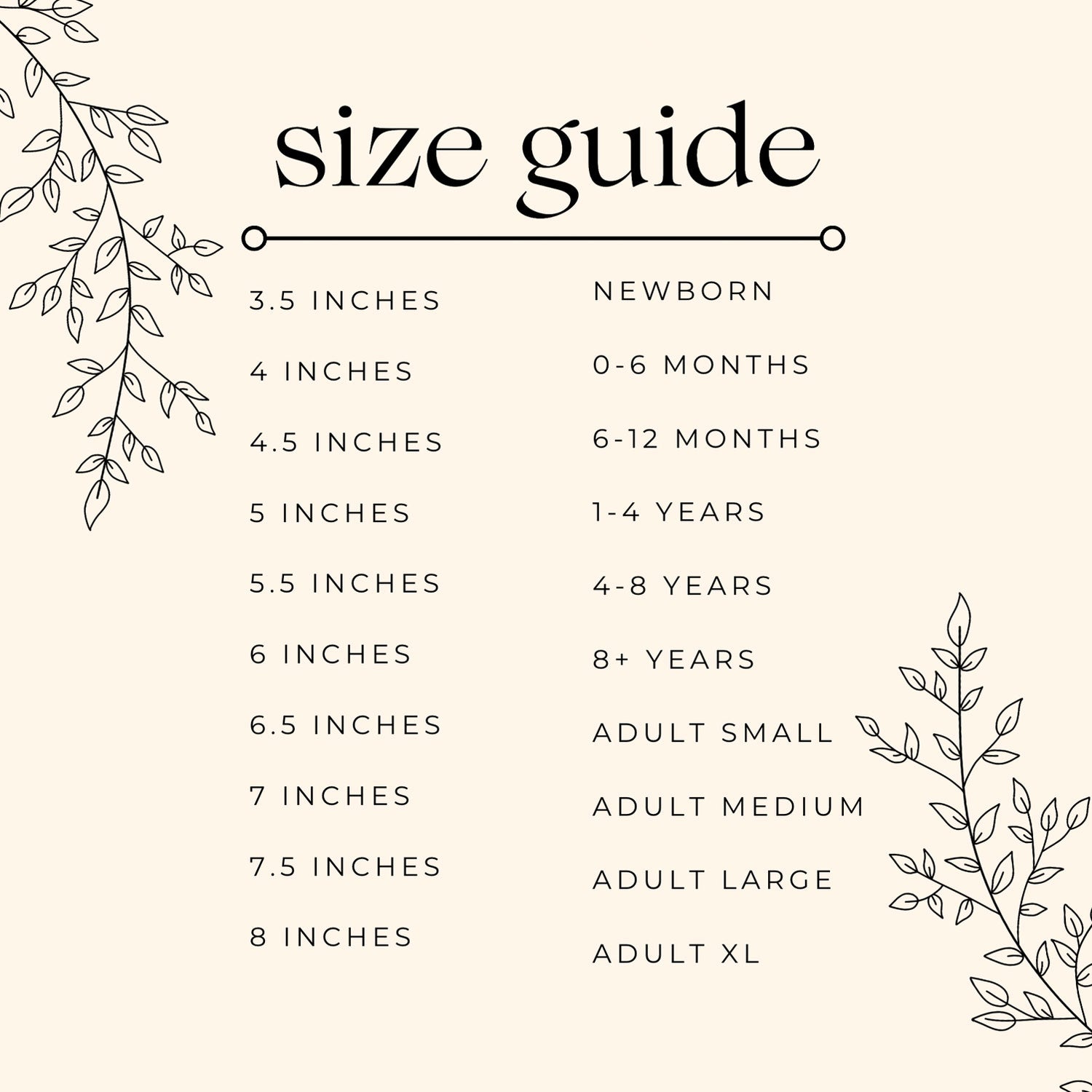 Size chart for Joyful Bead Company