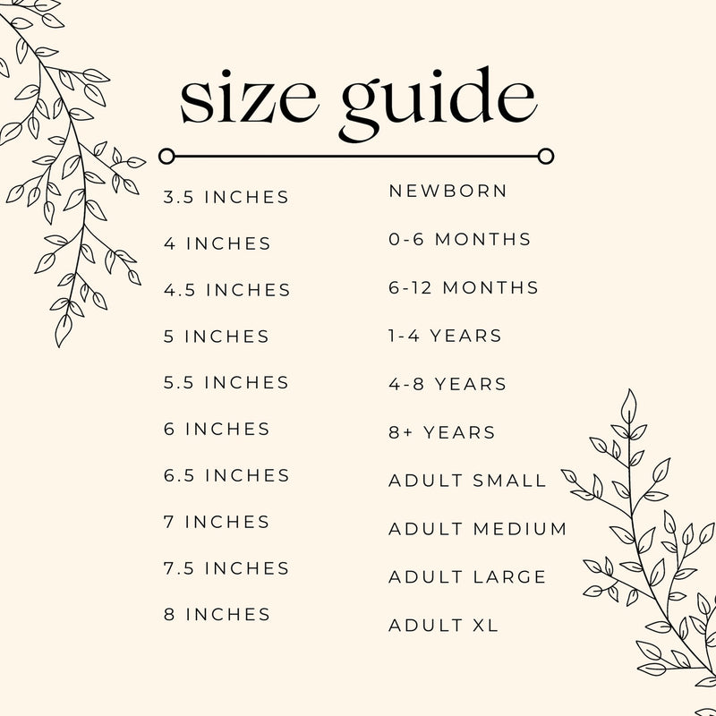 Size chart for Joyful Bead Company