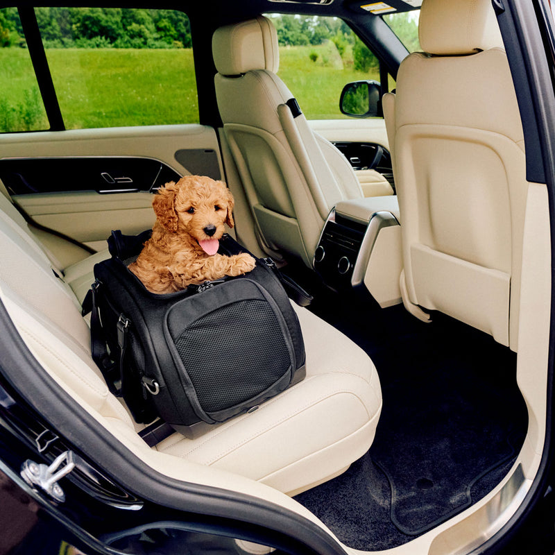 Puppy rides in TAVO Pets Dupree II Carry-On Pet Car Seat - Onyx installed in vehicle