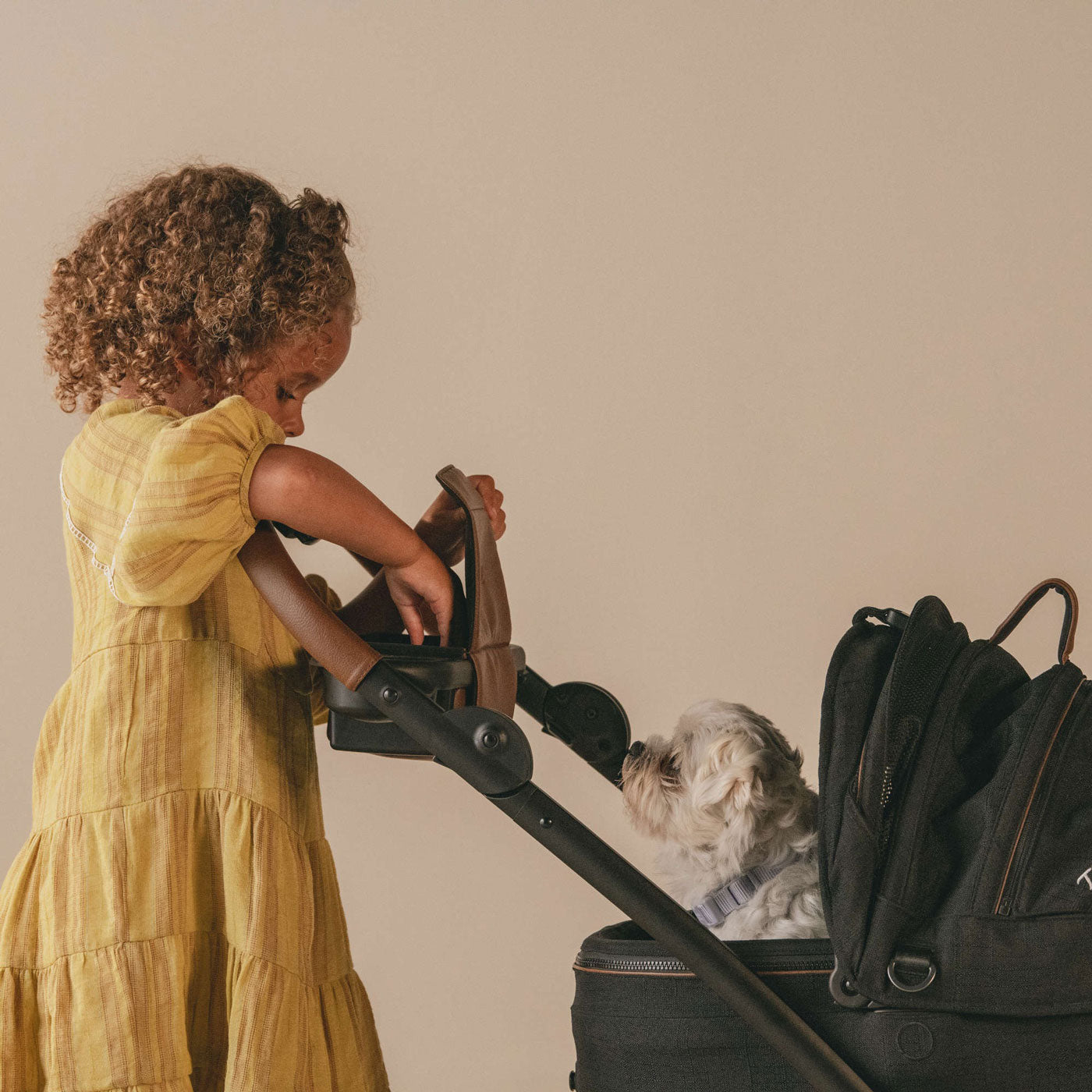 Little girl pushes dog in Tavo Maeve + Roscoe 3-in-1 Pet Protection System - Medium Flex - Onyx