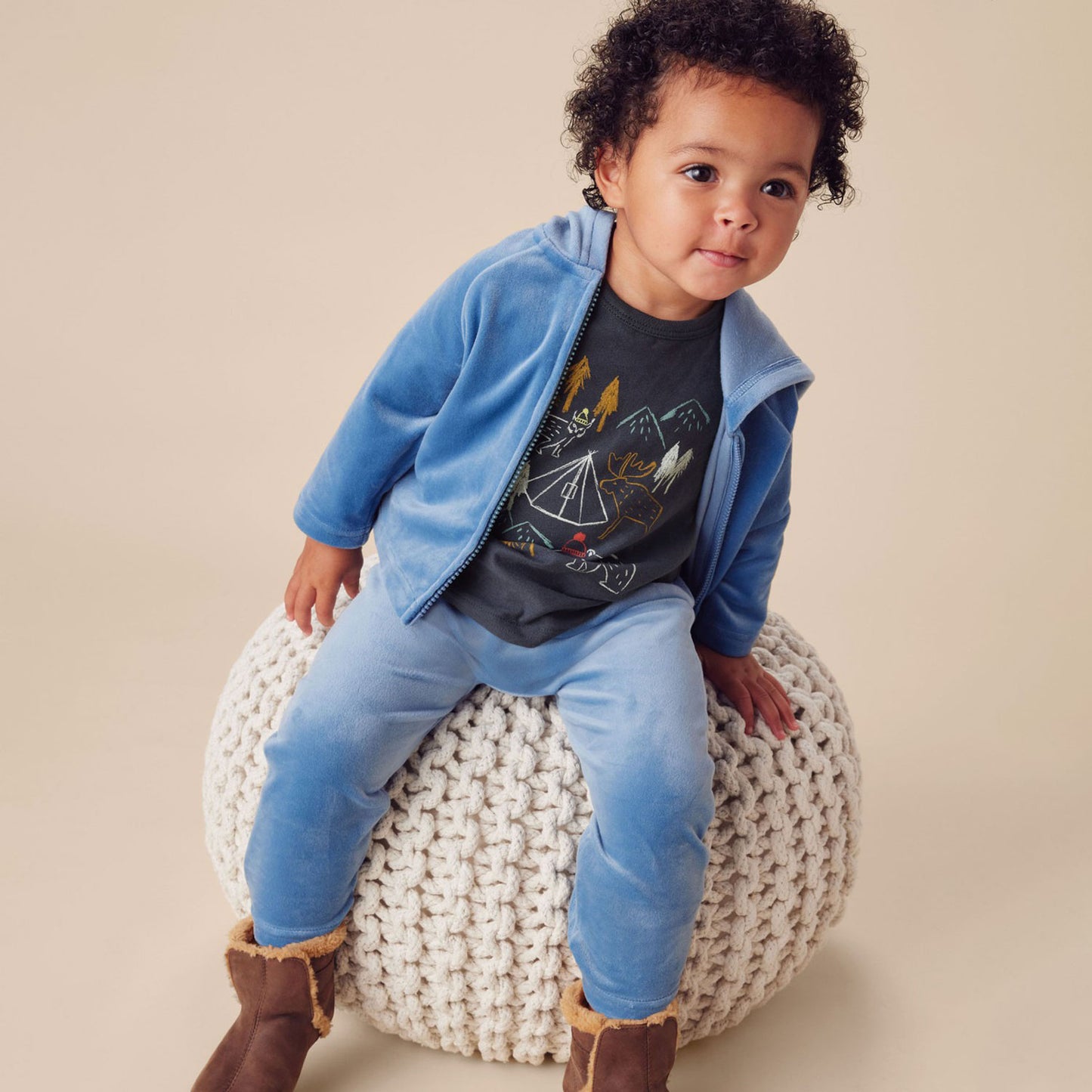 Toddler wearing Tea Collection Bear Ears Velour Baby Hoodie - Coronet Blue