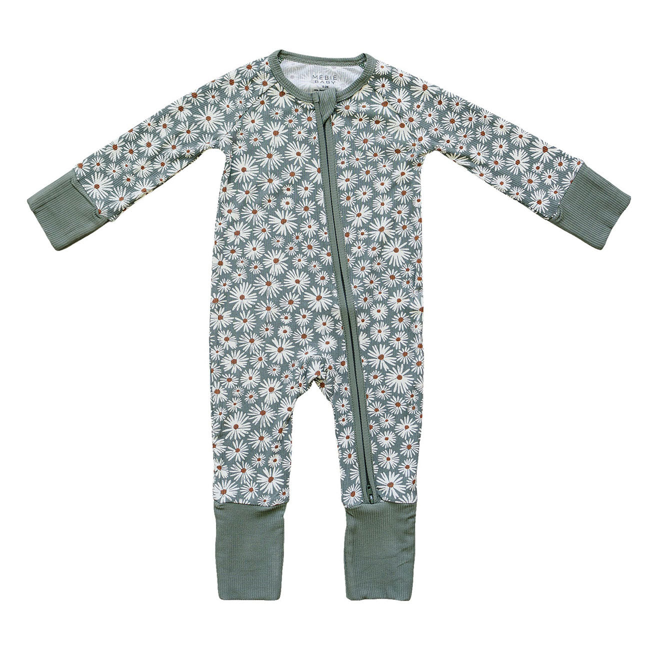 Mebie Baby Ribbed Bamboo Zipper Pajama - Dark Green Daisy