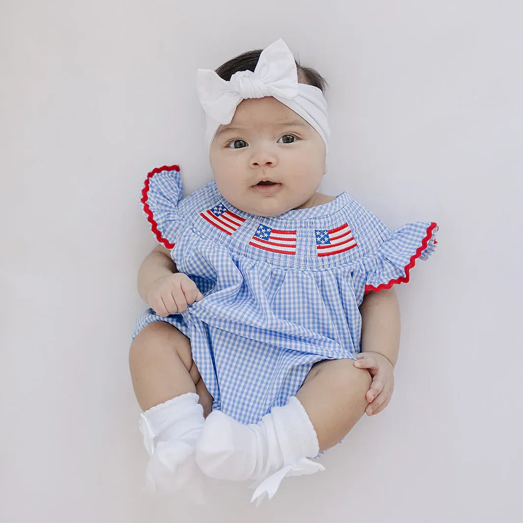 Mebie Baby Flag Gingham Smocked Bubble Romper