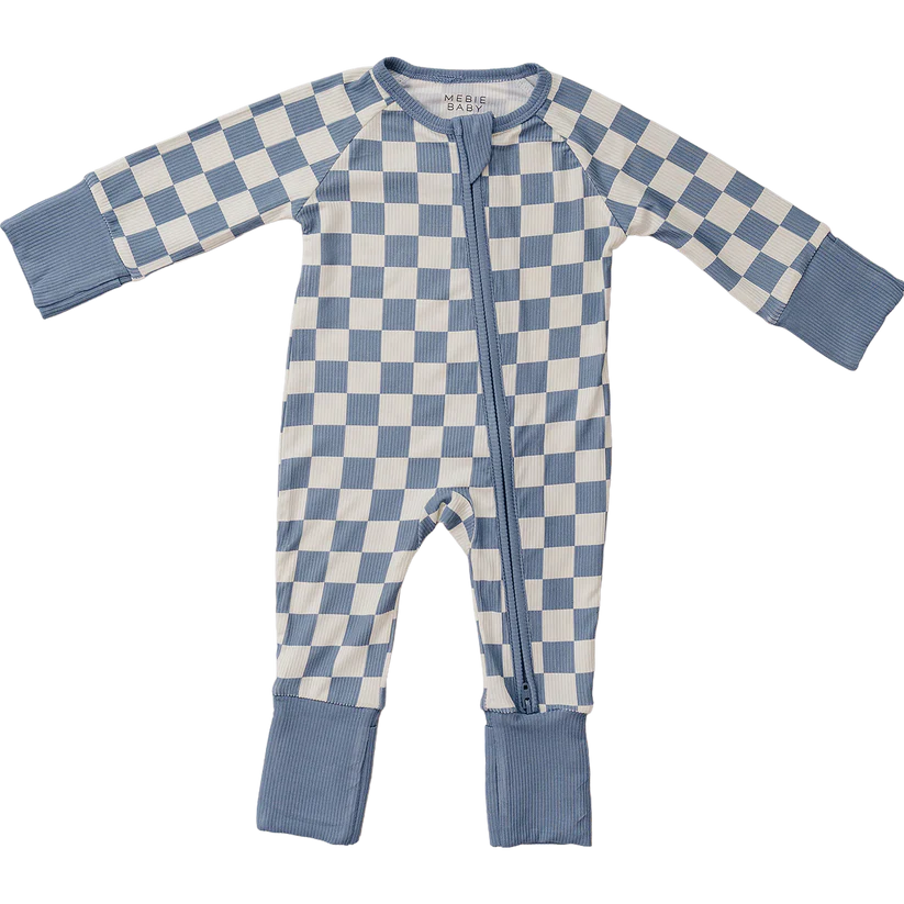 Mebie Baby Bamboo Zipper Footie - Blue Checkered