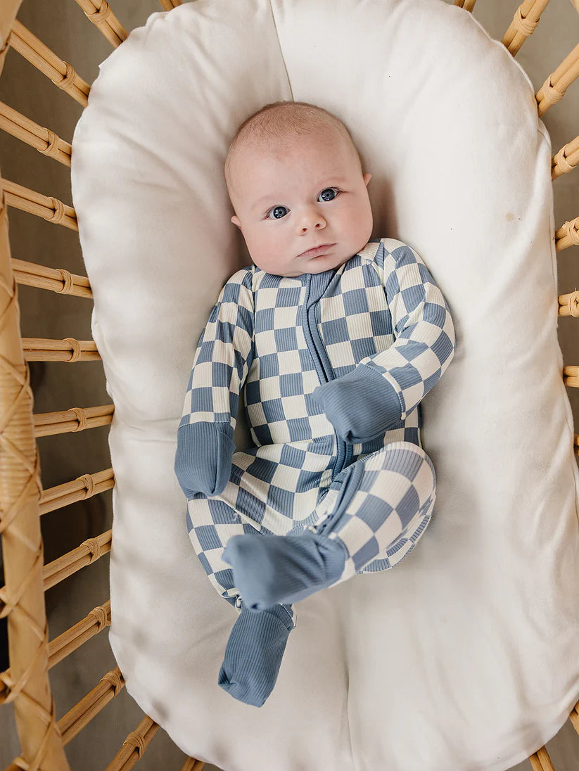 Mebie Baby Bamboo Zipper Footie - Blue Checkered